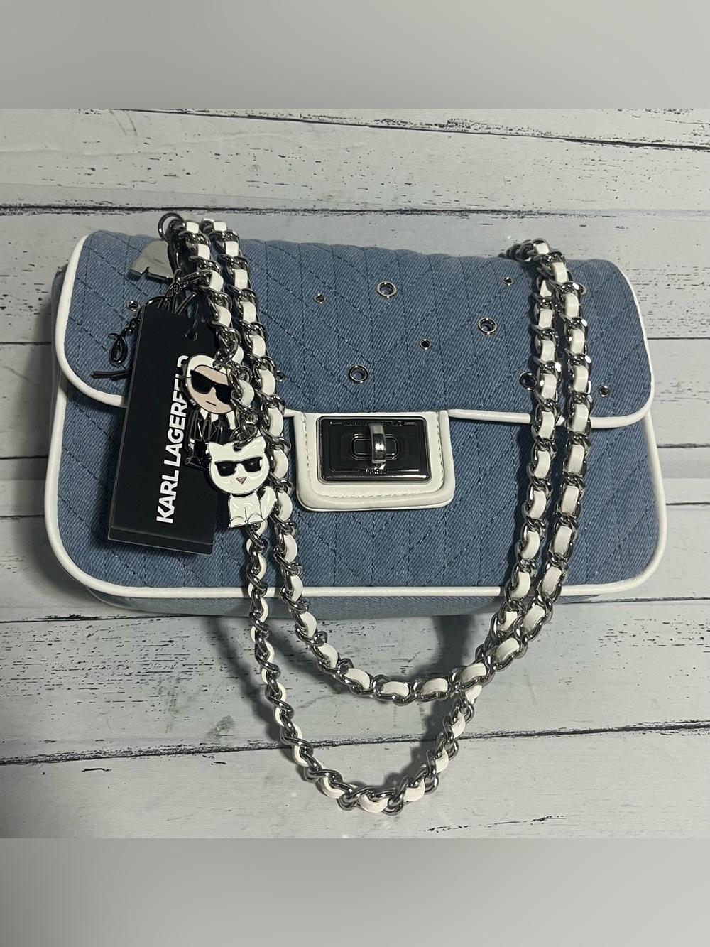Karl Lagerfeld Paris Denim Quilted Chain Shoulder Bag NWT Light Wash Blue